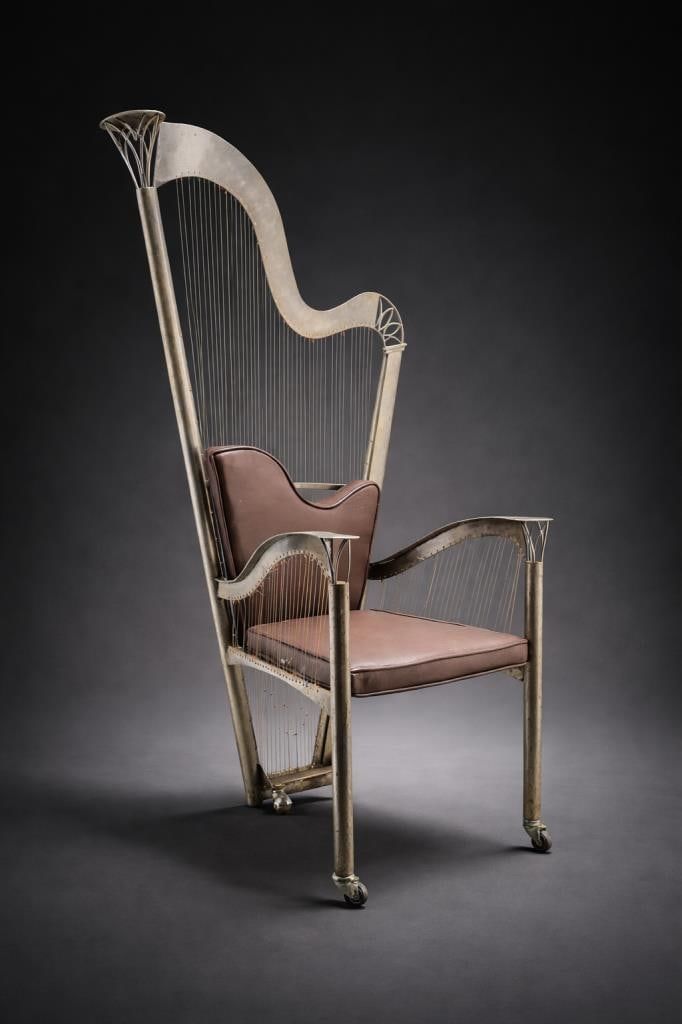 Lot 358: Alain Aparicio, "The Harp Arm Chair", Lacquered Metal with Upholstered Brown Leather