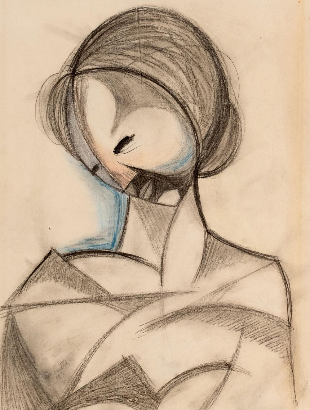 Lot 364: 20th Century Cubist Modernist Charcoal and Pastel Portrait Painting, Signed