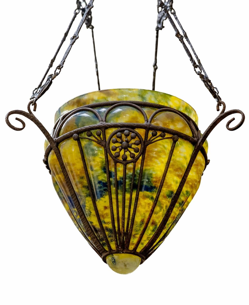 Lot 417: Signed André Delatte, Nancy, Art Deco Wrought-Iron and Art Glass Pendant chandelier c.1925