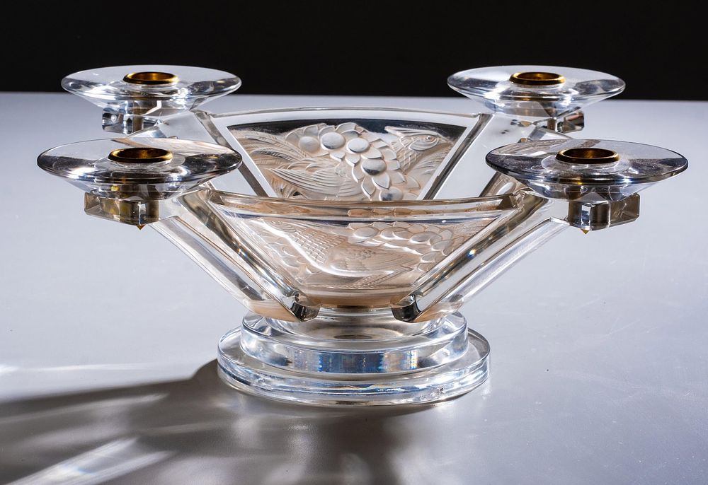 Lot 430: Signed Lalique “Faisans Art Glass Art Deco Centerpiece Bowl With Four Candle Holders