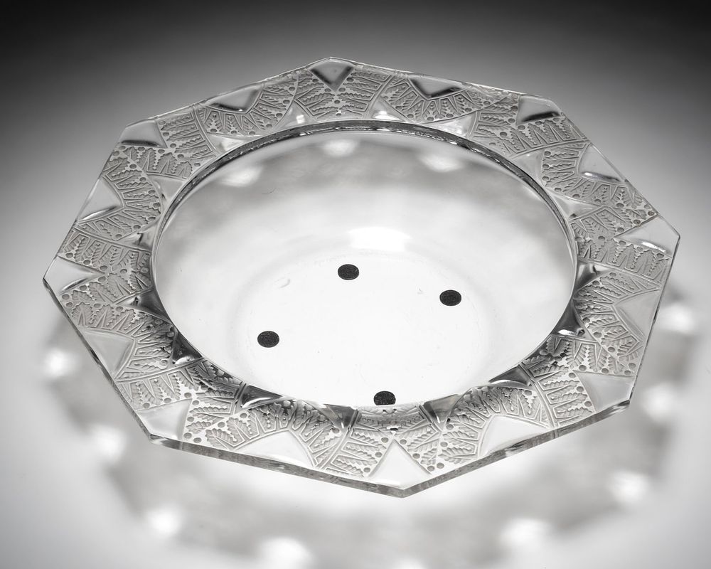 Lot 431: René Lalique Signed Glass Centerpiece Bowl with Etched Leaf Rim, Circa 1930
