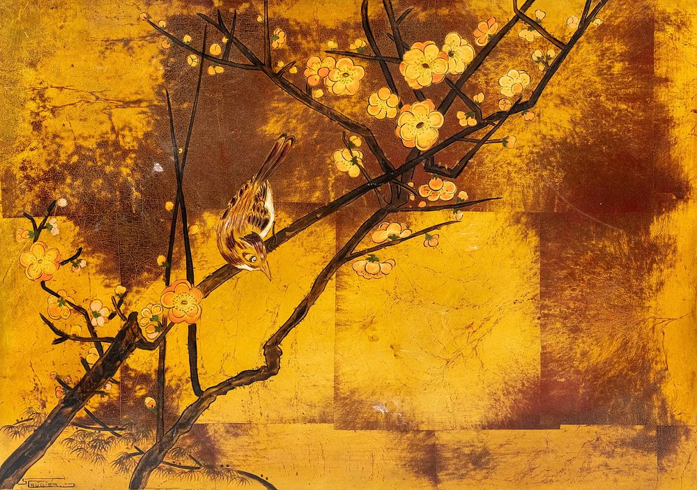 Lot 491: Signed Rugier Lacquer Painting on Panel With Bird and Blossoms