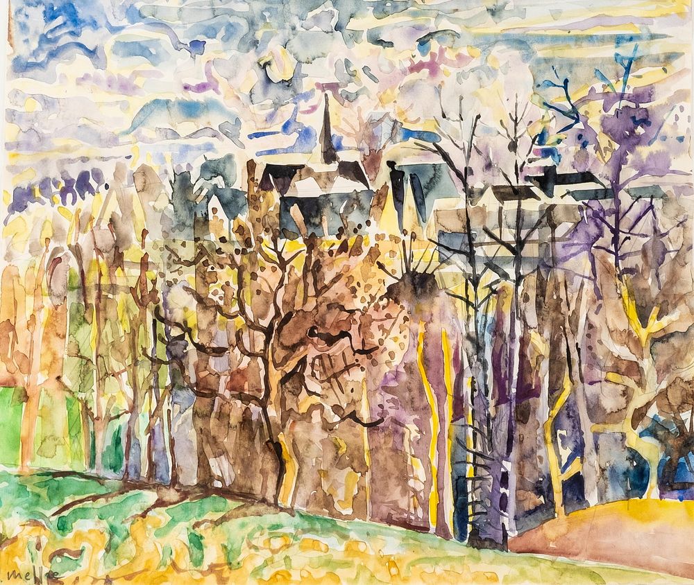 Lot 492: Armand Meffre Signed Village In The Woods Watercolor Painting