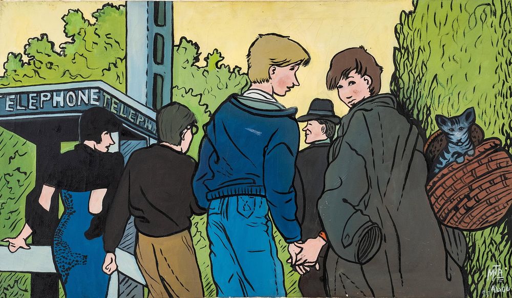 Lot 494: Signed Pop Art Telephone Booth Street Scene Painting, 1993