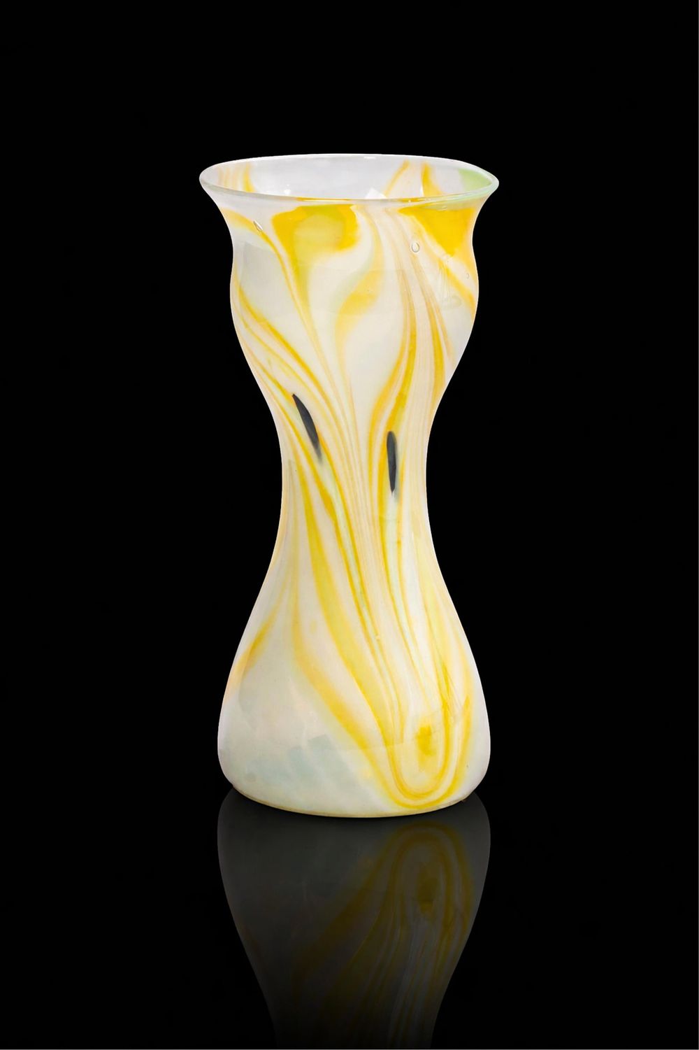 Lot 504: Signed Tiffany Style Studio Art Glass Yellow–White Swirl Vase, Mid 20th Century