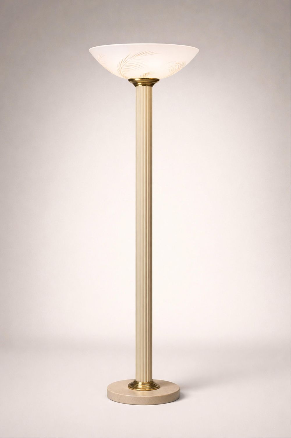 Lot 505: Modernist Floor Lamp W. Fluted Column and Etched Art Glass Floral Decorated Shade, 1940's