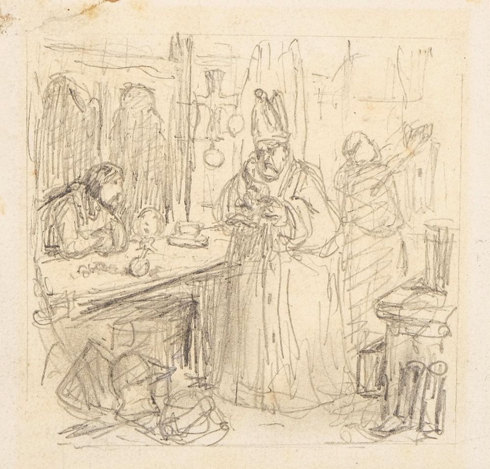 Lot 518: 19th Century Illustration Study With Cleric and Figures (Graphite Drawing)