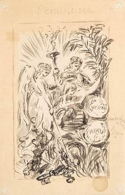 Allegory of Wisdom and Virtue 19th Century French Ink and Wash Painting on Paper - No Reserve. Ke 