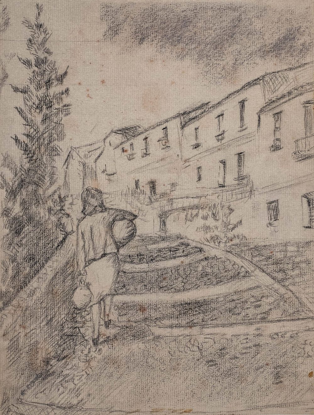 Lot 22: Konrad Cramer, Drawing of European Village, Estate Stamped - No Reserve