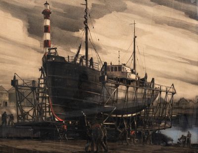 Jean Van Noten, 'Ostend Slipway,' Signed Mixed Media Painting. Keywords: Ostend Slipway, Ostend 