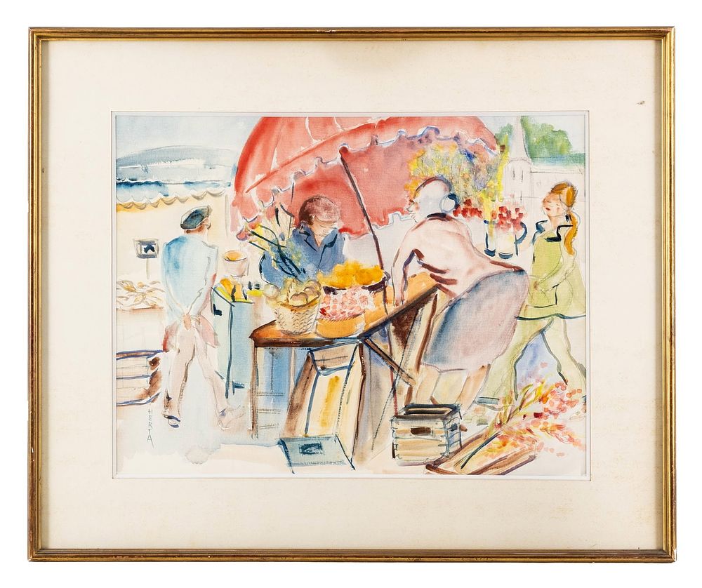 Lot 87: Herta, signed Seaside Market Signed Watercolor Painting, 20th Century - No Reserve