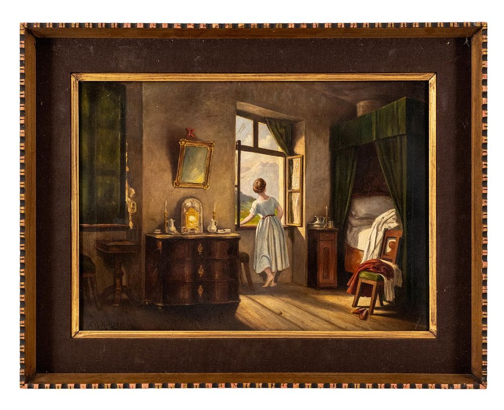 Lot 93: Eduard Kaiser, 'The Morning Hour' Signed Oil on Canvas Painting, Late 19th Century - No Reserve