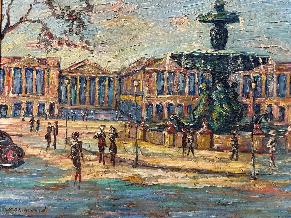 Lot 120: Antoine Blanchard (attrib) Paris Plaza Fountain Scene Oil Painting Signed
