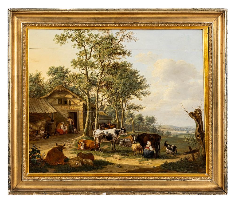 Lot 122: Johann Jungblut, Barnyard Landscape Signed 19th Century Oil Painting on Panel
