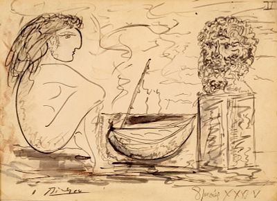 Pablo Picasso, Signed 1935 Painting on Paper, Galerie Simon Label - No Reserve. Keywords: 