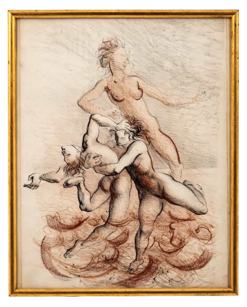 Lot 166: Marcello Tomassi: Two-tone Charcoal/Pastel Enhanced Print, Circa 1970's