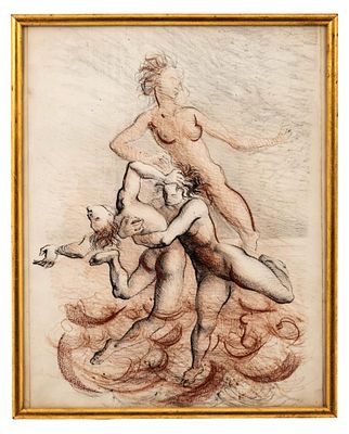 Marcello Tomassi: Two-tone Charcoal/Pastel Enhanced Print, Circa 1970's. Keywords: modernism 