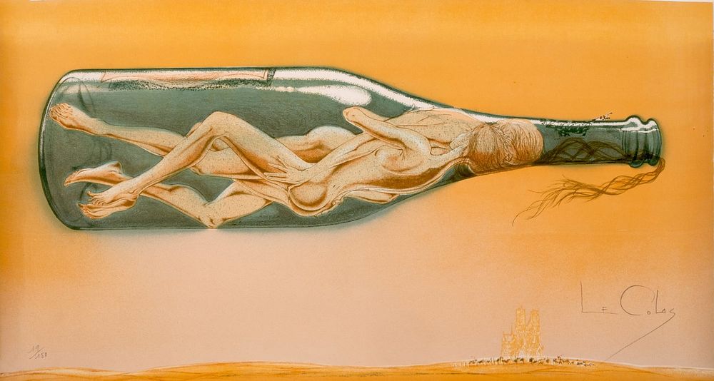 Lot 186: Pierre Le Colas Signed Surrealist Color Lithograph, Nude in Bottle, 19/150 - No Reserve