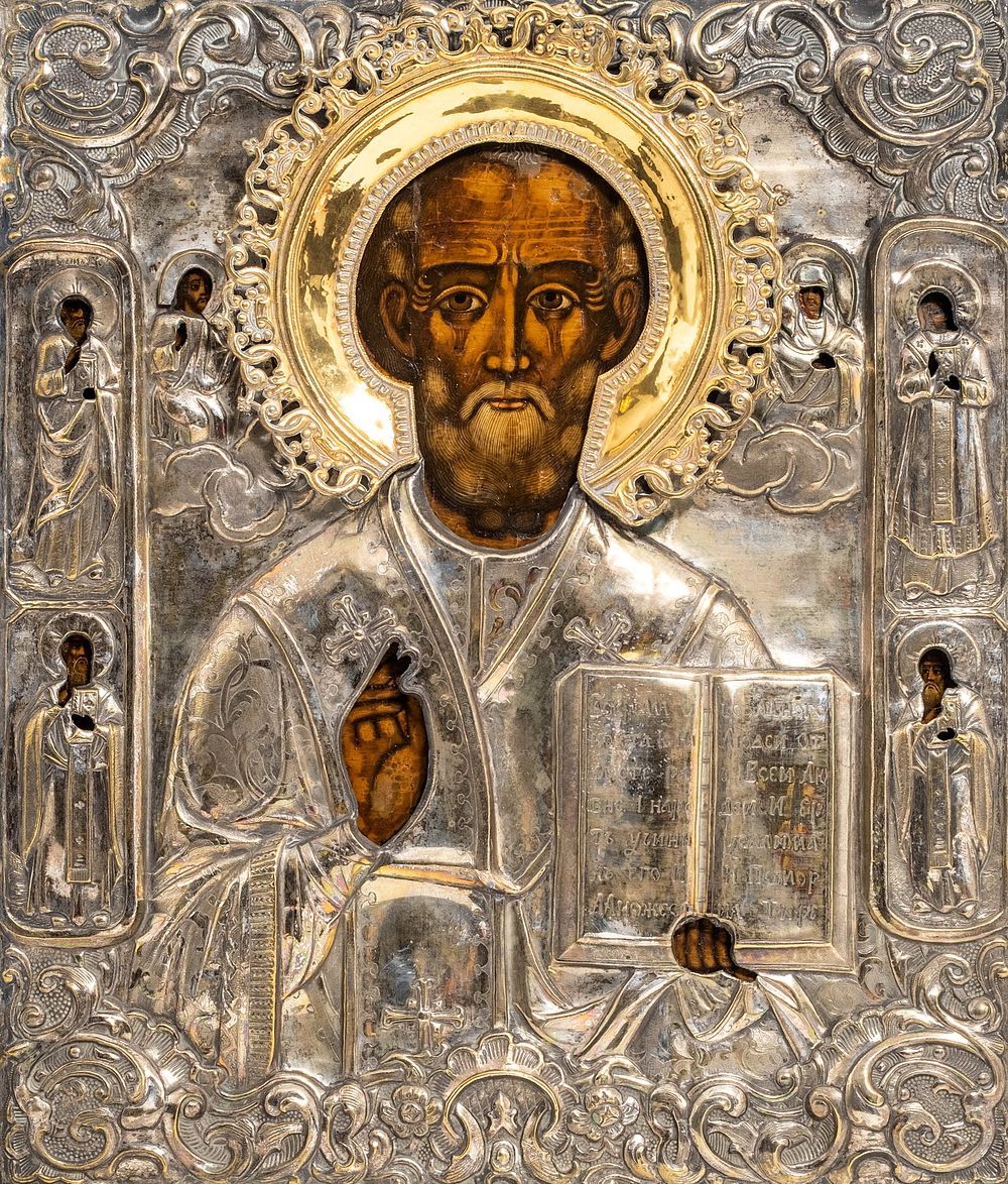 Lot 206: Early 19th Century Russian Orthodox St. Nicholas Icon with Silvered Brass Oklad