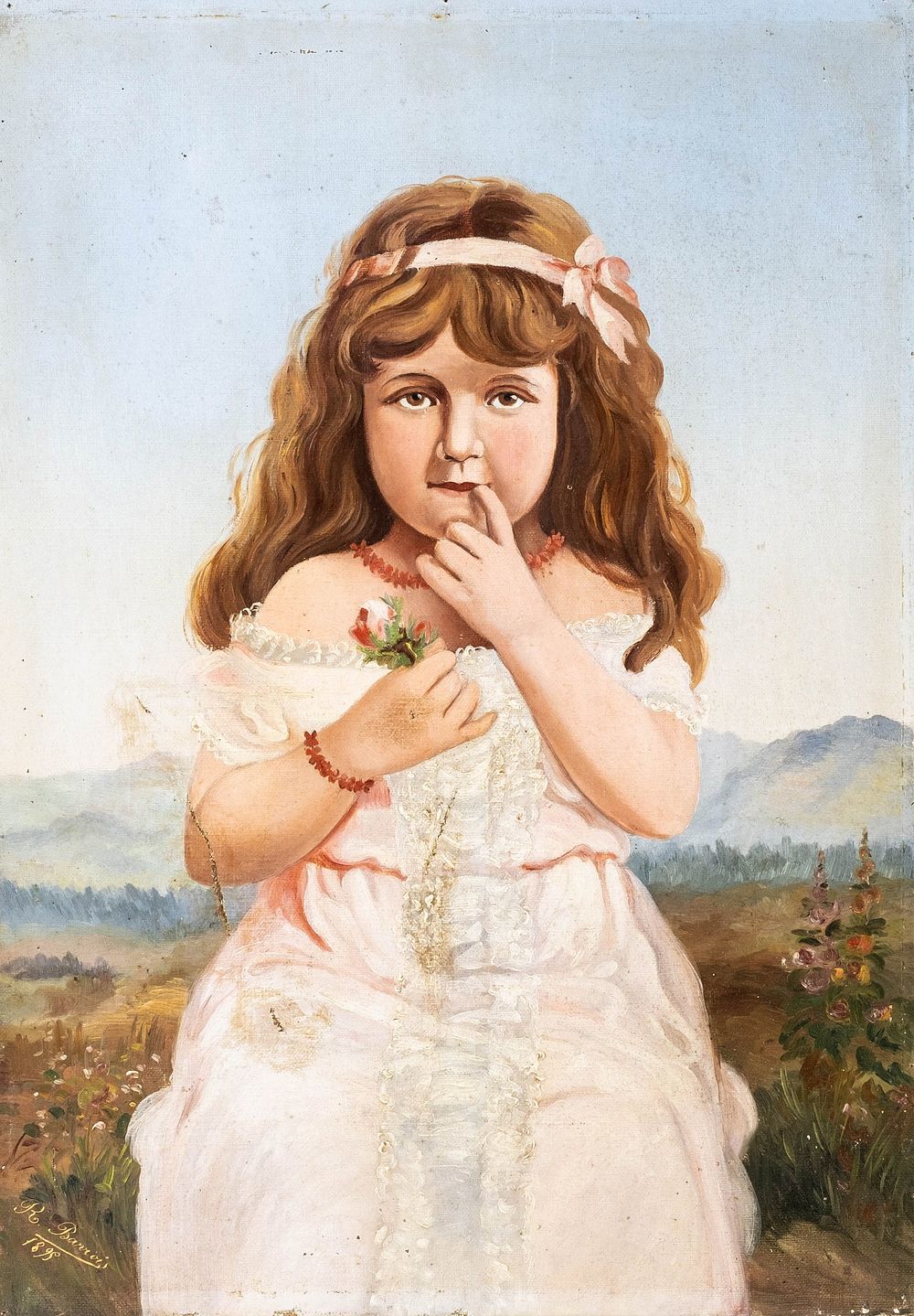 Lot 217: R. Barrois, Signed Portrait of a Young Girl in Pink Dress, 1895 - No Reserve