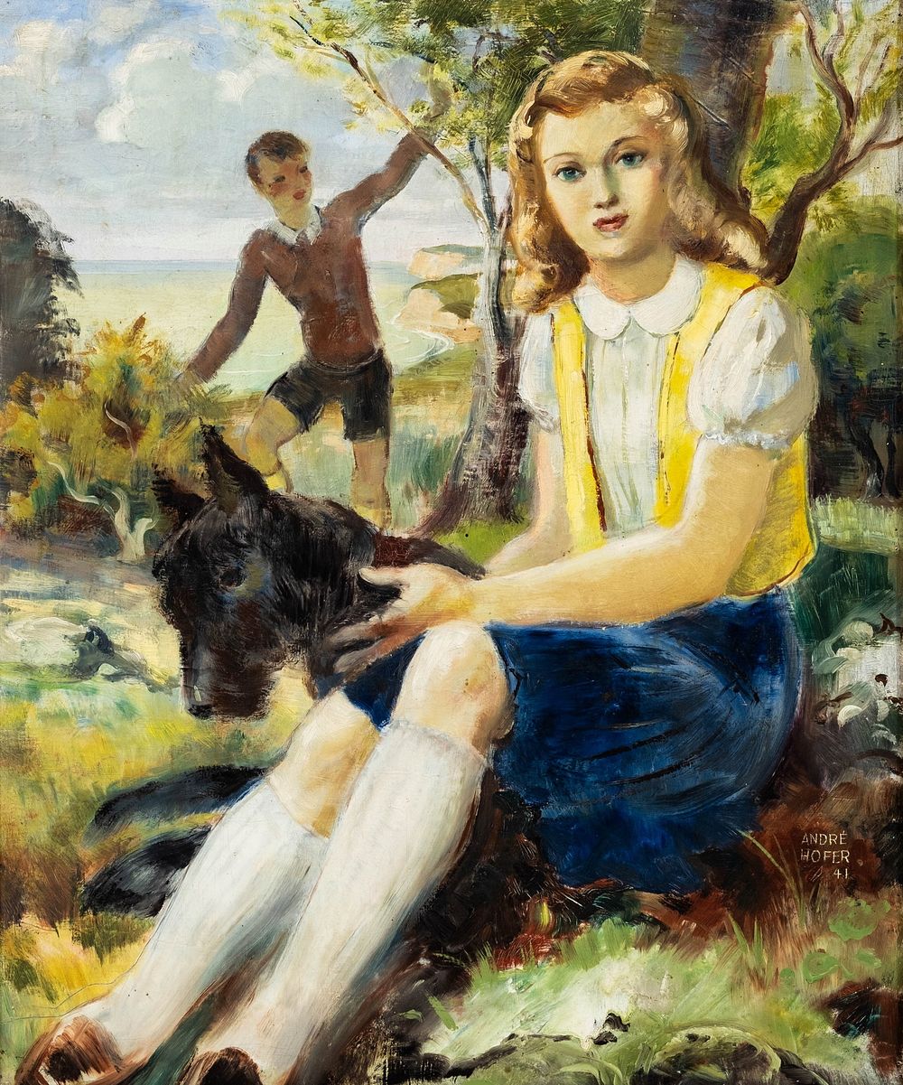 Lot 220: Andre Hofer, Signed 1941 Children with Dog Oil on Canvas Painting - No Reserve