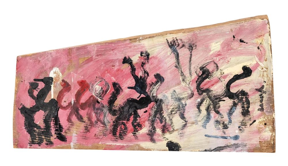 Lot 252: Purvis Young, Signed Figural Procession Oil Painting on Found Wood - No Reserve