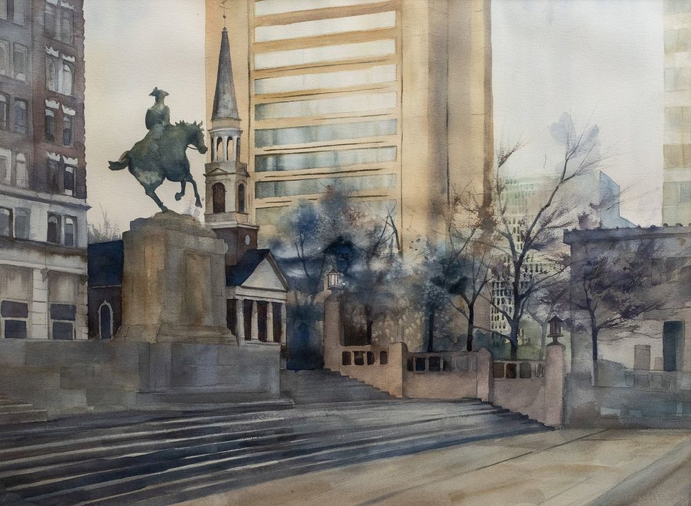Lot 253: Davis Gray (attrib), Watercolor of 'Caesar Rodney's Ride' Statue, Wilmington, Delaware - No Reserve