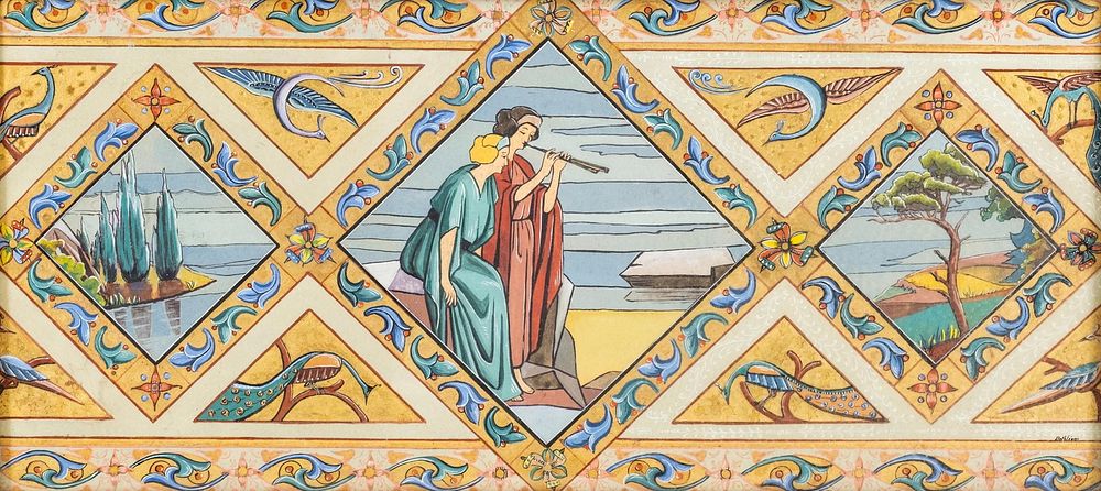 Lot 263: Bethleem, Signed French Art Deco Gouache and Gilt Frieze Painting, Circa 1920s - No Reserve