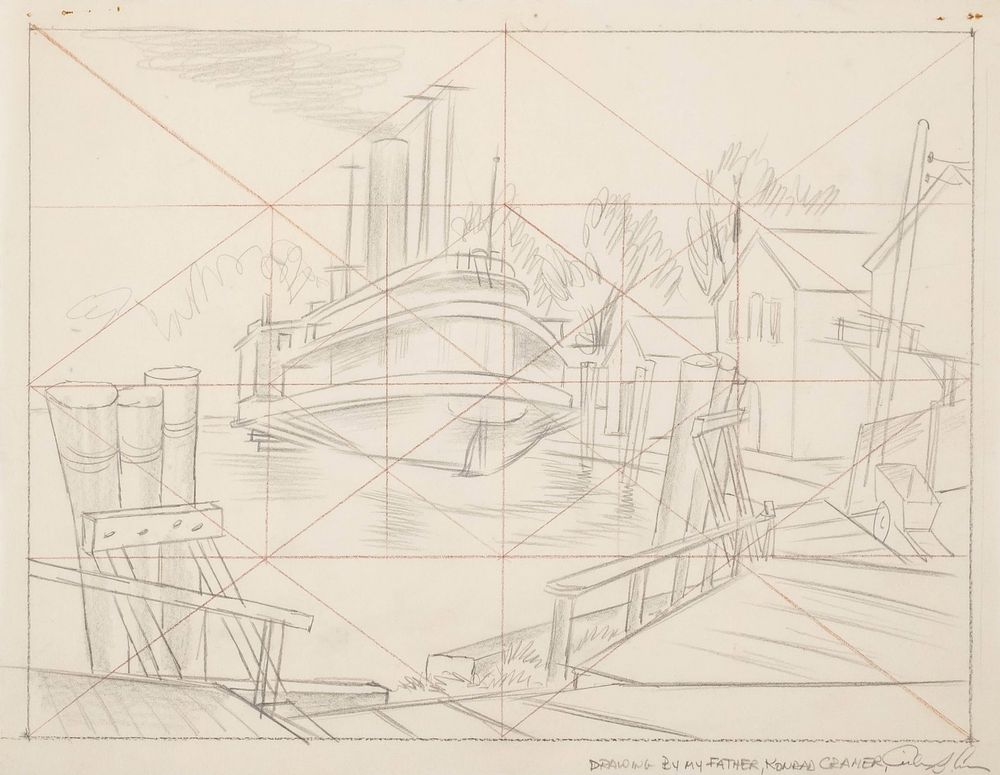 Lot 282: Konrad Cramer Industrial Waterfront Pencil Drawing, Signed - No Reserve
