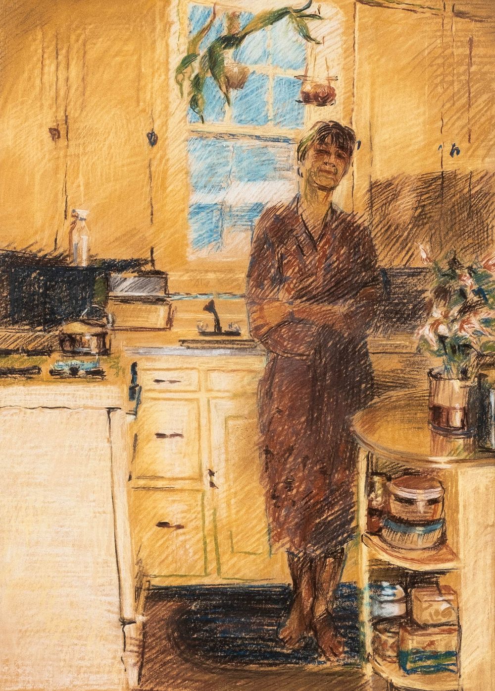 Lot 290: Woman in Sunlit Kitchen Mid Century Pastel Crayon Painting - No Reserve