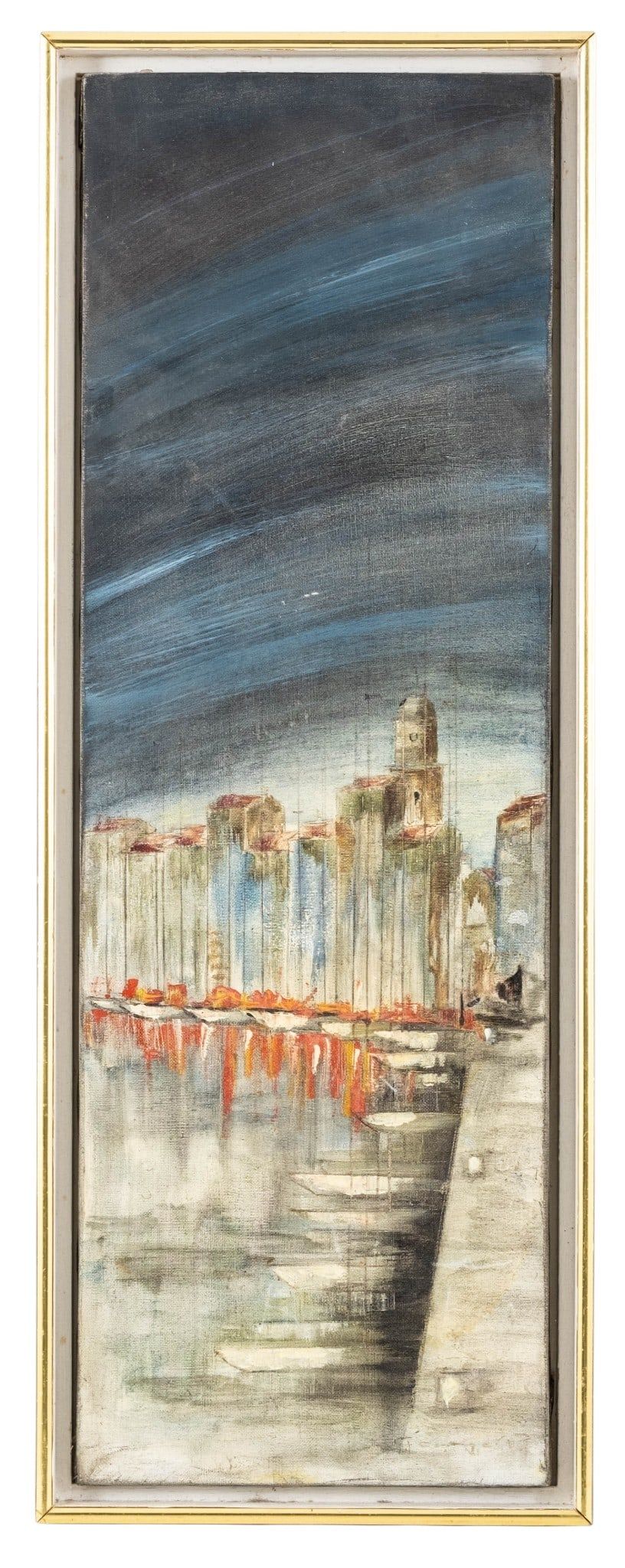 Lot 302: Mid-Century Modern Harbor Cityscape Oil Painting, Signed - No Reserve