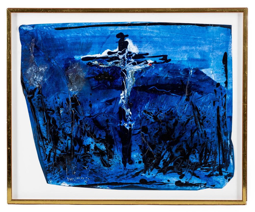 Lot 344: Gerard Economos Abstract Crucifixion Mixed Media on Paper Painting, Signed - No Reserve
