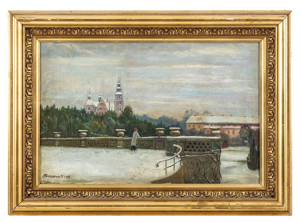 Lot 351: Finn Wennerwald, Snow-Covered City View Oil Painting, Signed, 1915 - No Reserve
