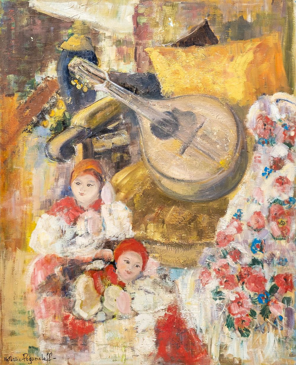 Lot 362: Nathalie Pogarie´loff, Signed Still Life with Dolls and Lute Painting - No Reserve