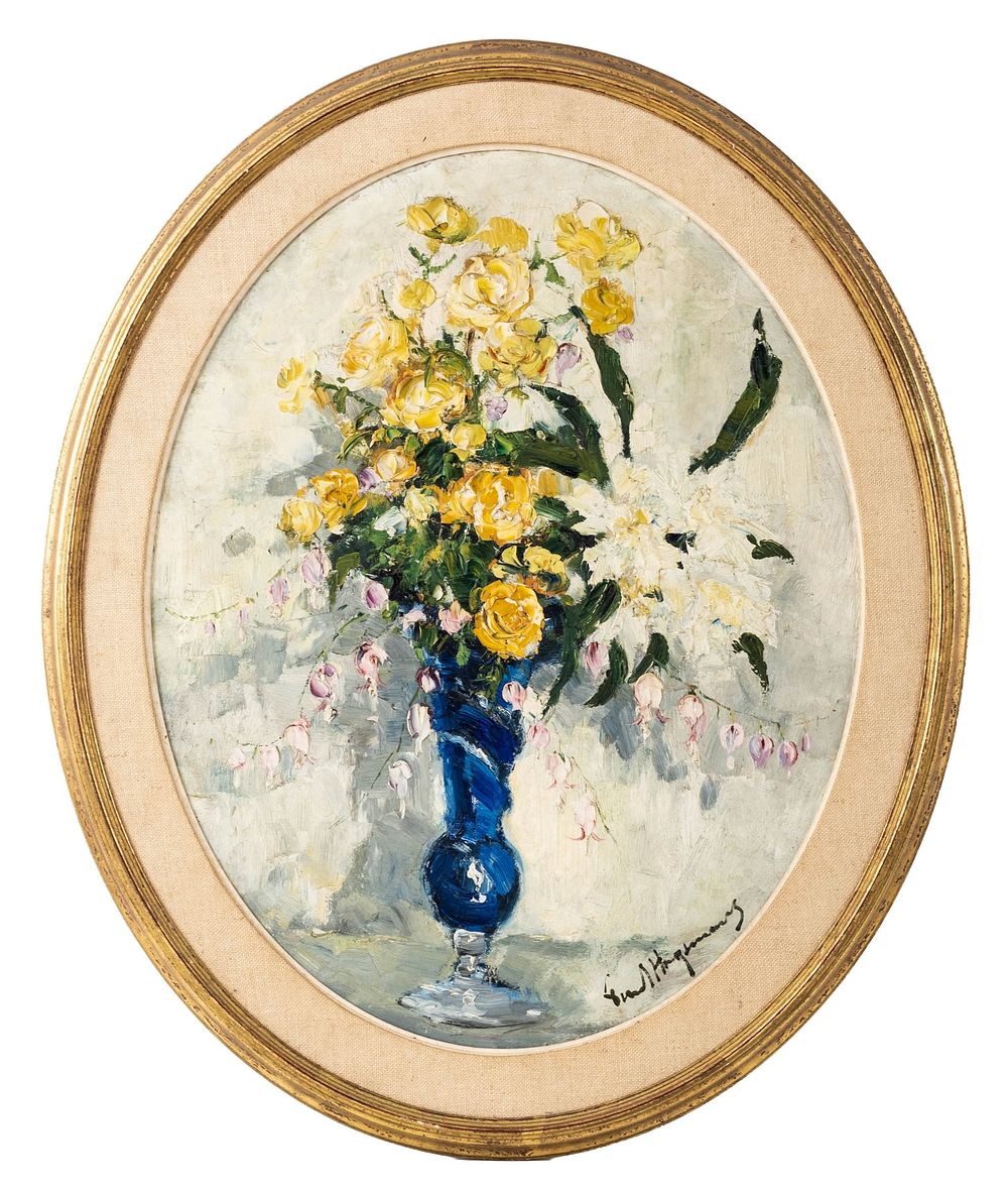Lot 374: Paul Hagemans Signed 'Yellow Bouquet In The Blue Vase' Oil Painting