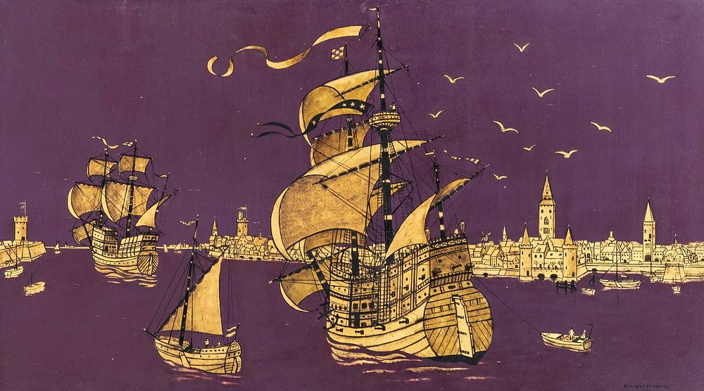 Lot 378: Georges Frederic Signed 1971 Caravels Returning to Port Painting - No Reserve