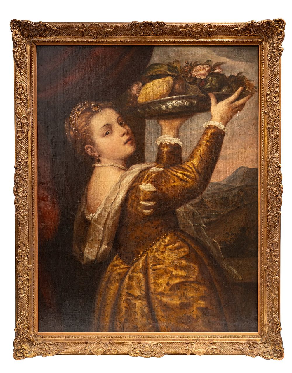 Lot 388: Manner of Titian "Girl with a Platter of Fruit" Antique Oil on Woven Linen Painting - No Reserve