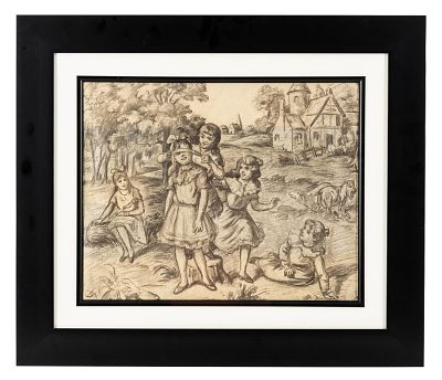 Circa 1900 Pastoral Pencil Drawing on Paper - No Reserve. Keywords: Pastoral Scene, Children at 