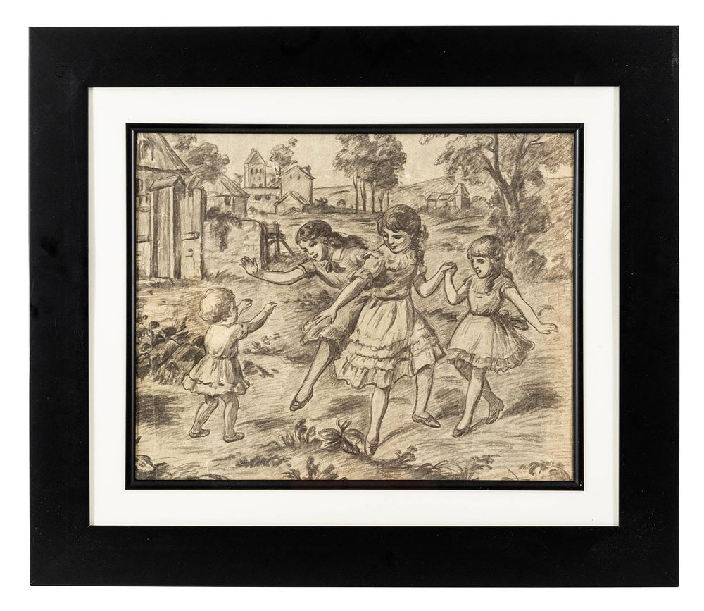 Lot 433: Circa 1900 Children Dancing in Pastoral Landscape Pencil Drawing - No Reserve