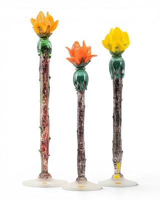 Set of Three Murano Art Glass Flower Table Decor Sculptures with labels - No Reserve. Keywords: 