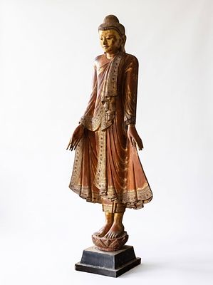 Burmese Mandalay Style Giltwood Standing 66-inch Buddha Sculpture, 19th Century. Keywords: Gold 