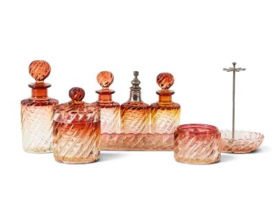 Baccarat 'Bambou' Red Nuance Glass 8-Piece Dresser Set - No Reserve. Keywords: Cranberry 