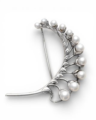 Jarmila Mucha Plockova 'Lily of the Valley' Silver and Cultured Pearl Brooch, After Alphonse Mucha. 