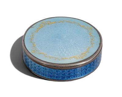Karl Faberge Style Russian Imperial Period Silver, Guilloche Enamel and Gilt Pill Box - No Reserve. 