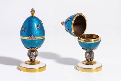 Russian Karl Faberge Style Guilloche Enamel Silver-Gilt Egg Box on Elephant Stand. Keywords: 