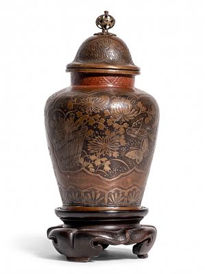 Murakami (attrib) Japanese Meiji Bronze Mixed Metal Lidded Jar. Keywords: Japanese, Meiji Period 