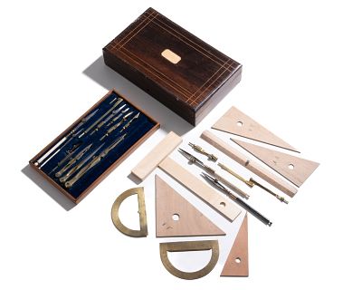 French Drafting & Mathematical Instrument Set in Fitted Wood Case, c. 1900 - No Reserve. Keywords 