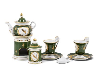 Old Paris Porcelain Napoleonic Tea Set Teapot Cups Saucers - No Reserve. Keywords: Green Ground 