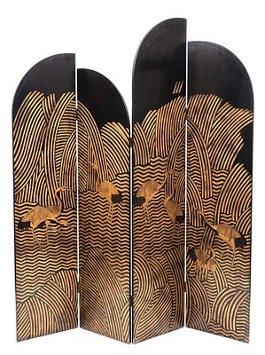 Art Deco Japanese 4 Panel Lacquered Folding Screen Egret Pond - No Reserve. Keywords: Room 