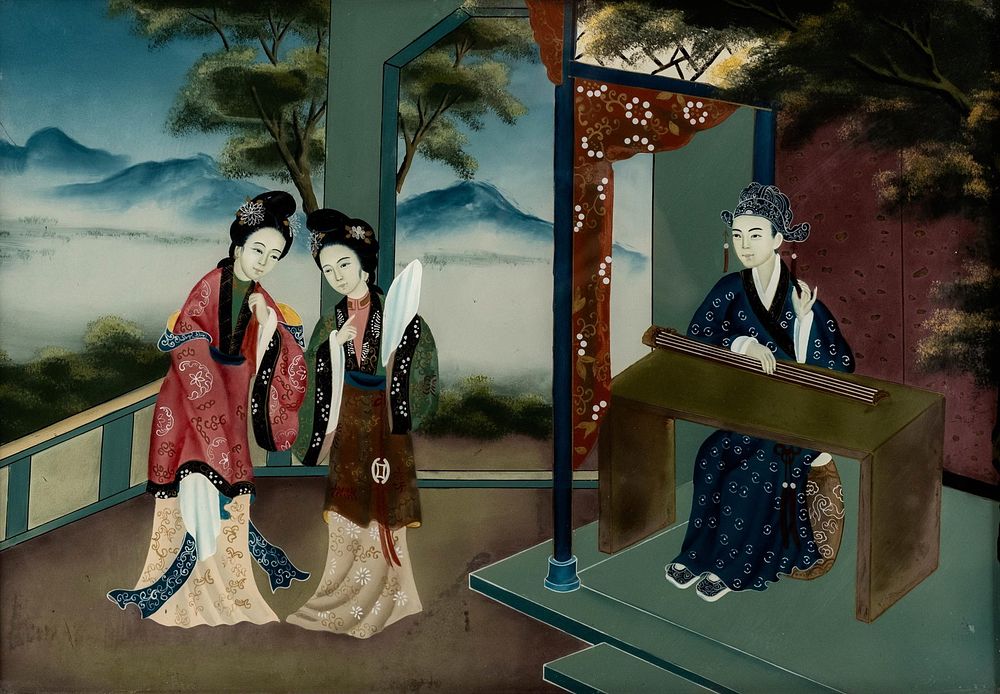 Lot 591: Chinese Export Antique Painting Under Glass, Courtesans and Musician - No Reserve